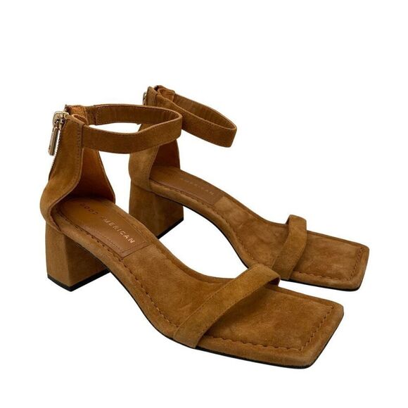 Good American Shoes Sz 5 Tan Suede Ankle Strap Heeled Sandals‎ Block Heel Dressy - Picture 2 of 11